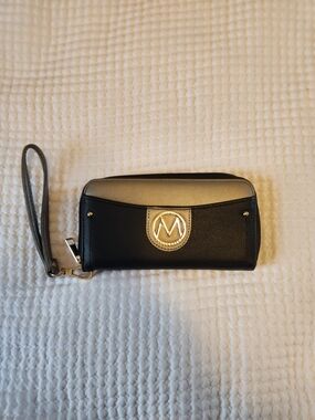 Mia K Black and Metallic Gold Wristlet Wallet with M Logo